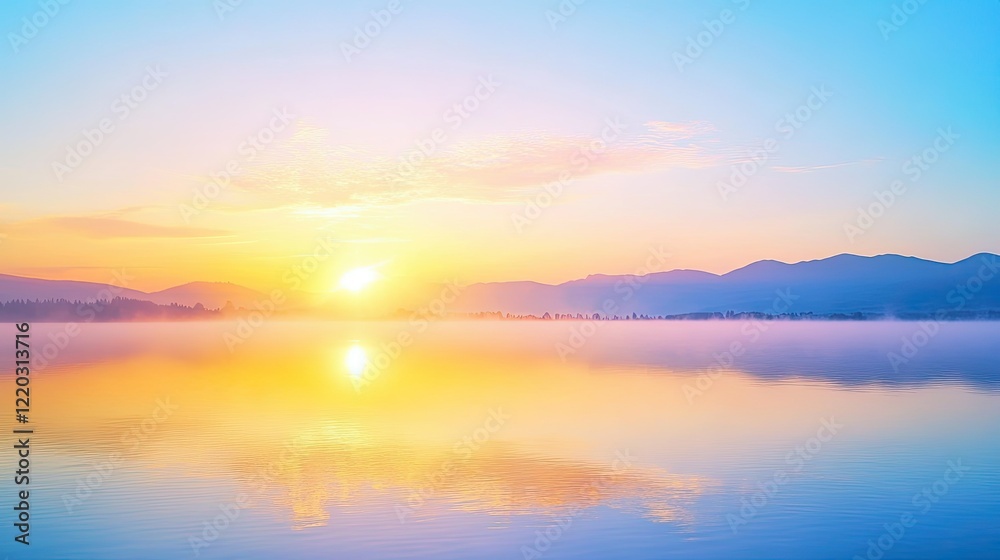 Peaceful aerial view of sunrise over a misty lake, with soft sunlight and a bright blue sky creating a tranquil morning scene. Peaceful aerial view of sunrise over a misty lake, with soft sunlight and a bright blue sky creating a tranquil morning scene.