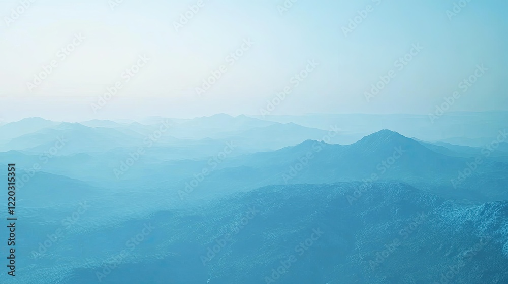 Stunning aerial sunrise with misty landscapes and a vibrant blue sky, showcasing nature's serene beauty from above.