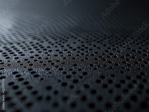 Close-up of a grainy black powder-coated metal surface with rough textures and matte details, forming a plain and understated dark background  photo