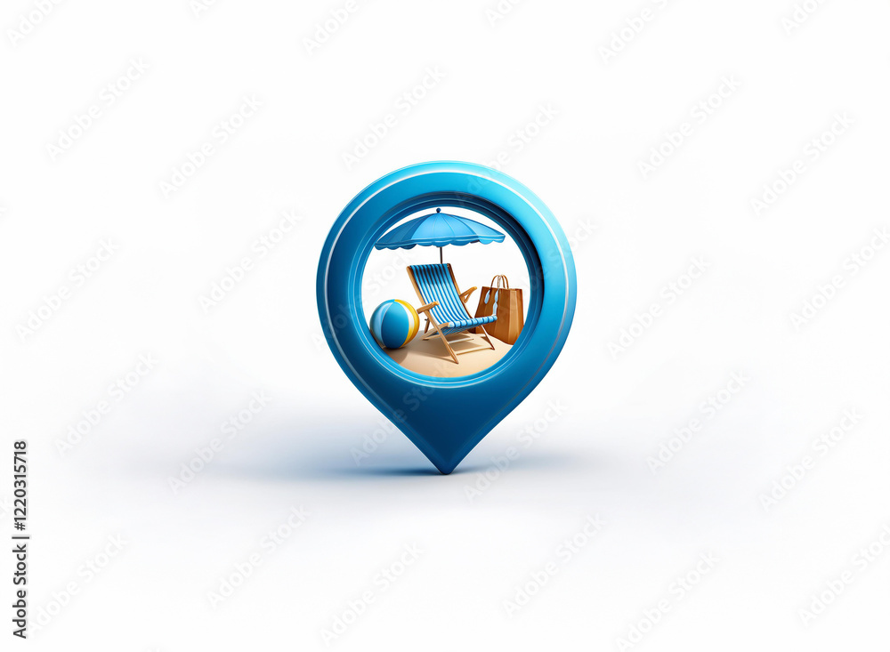 A 3D blue map marker showing a beach scene: beach chair, umbrella, beach ball, and a bag. Perfect summer vacation spot. A 3D blue map marker showing a beach scene: beach chair, umbrella, beach ball, and a bag. Perfect summer vacation spot.