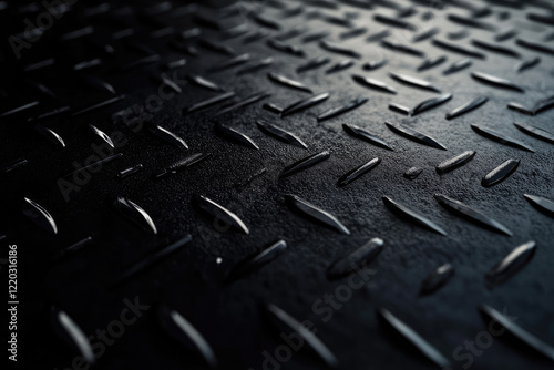 Textured black metal surface with a grainy powder coating, highlighting the rough tactile feel and subtle shadows across the plain dark background 