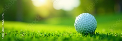 A close-up of a golf ball on lush green grass under soft sunlight, perfect for sports imagery.