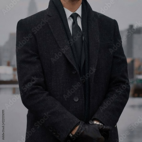 businessman in dark overcoat and gloves standing outdoors in winter