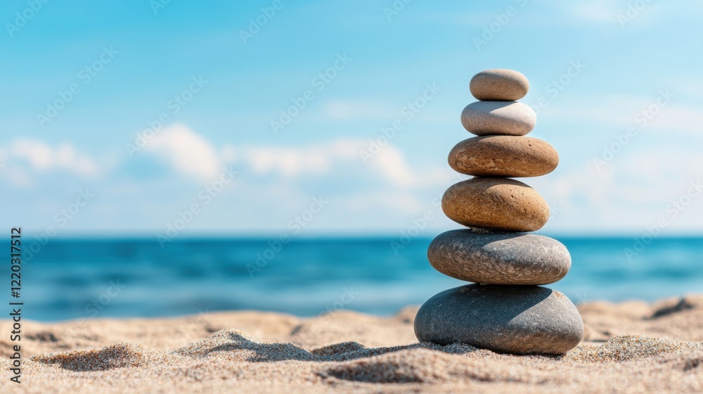 Tranquil Stacked Pebbles on Sandy Beach with Clear Blue Ocean and Sky in Relaxing Natural Scene Tranquil Stacked Pebbles on Sandy Beach with Clear Blue Ocean and Sky in Relaxing Natural Scene