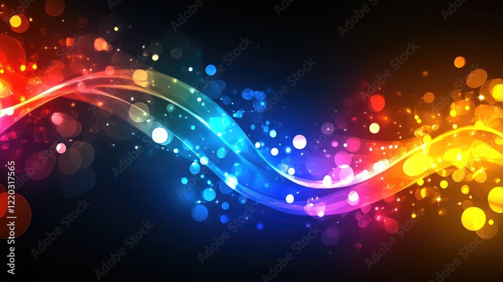 Vibrant Abstract Colorful Wave with Gradient and Sparkling Bokeh Lights on Dark Background Vibrant Abstract Colorful Wave with Gradient and Sparkling Bokeh Lights on Dark Background