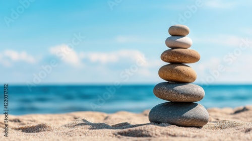 Tranquil Stacked Pebbles on Sandy Beach with Clear Blue Ocean and Sky in Relaxing Natural Scene