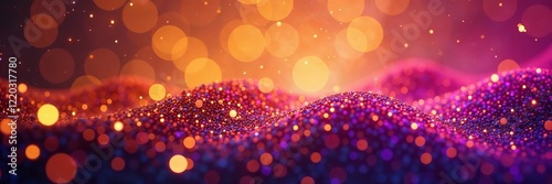 Vibrant abstract background of shimmering particles with warm hues and soft bokeh effects.
