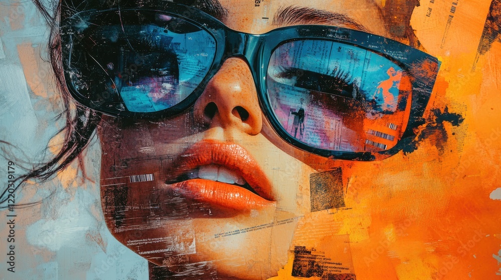 Abstract Portrait of Woman with Sunglasses Reflecting Urban Textures in Vibrant Colors Abstract Portrait of Woman with Sunglasses Reflecting Urban Textures in Vibrant Colors