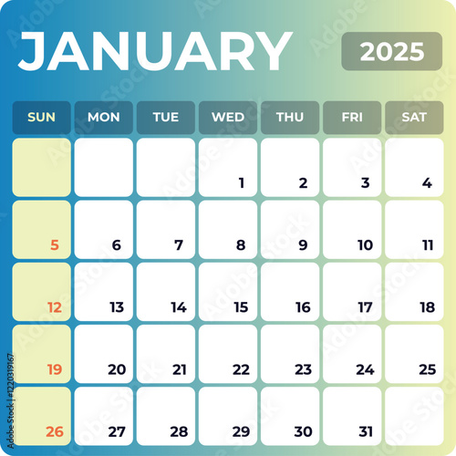 Monthly calendar for January 2025. The week begins on Sunday. Time, planning and schedule concept. Flat gradient design. Removable calendar for the month. Vector illustration