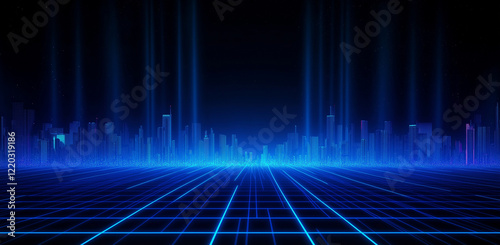 3d abstract 1980's retrowave, cyberpunk background with copy space, neon perspective grid