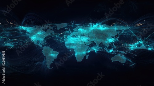 Captivating abstract digital graphic showcasing data visualization with a world map and line chart representing financial trends and market indicators in blue and vibrant