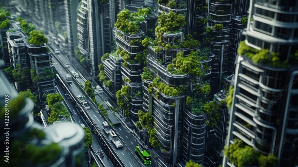 Obraz premium A bustling smart city filled with autonomous vehicles and greenery.