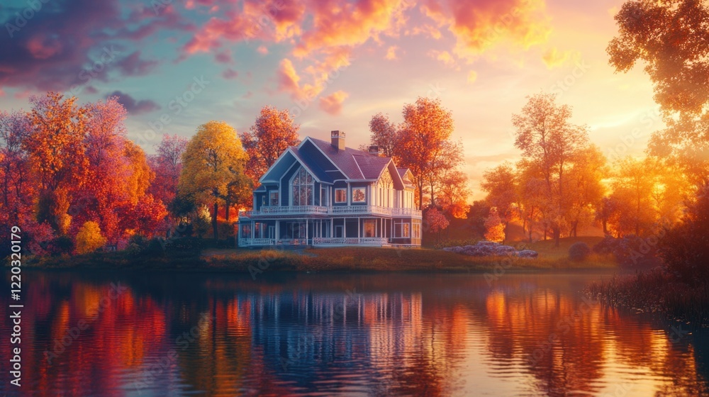 Fototapeta premium Houseboat on Lake with Forest