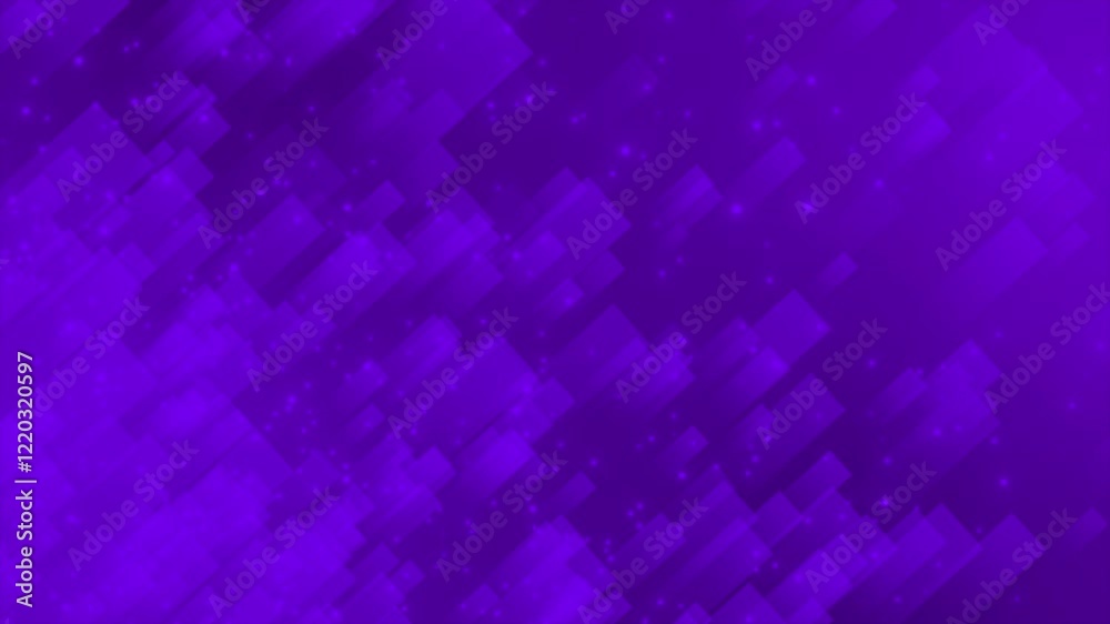 Purple color glowing particles and multiple rectangular shapes moving diagonally modern design geometrical background