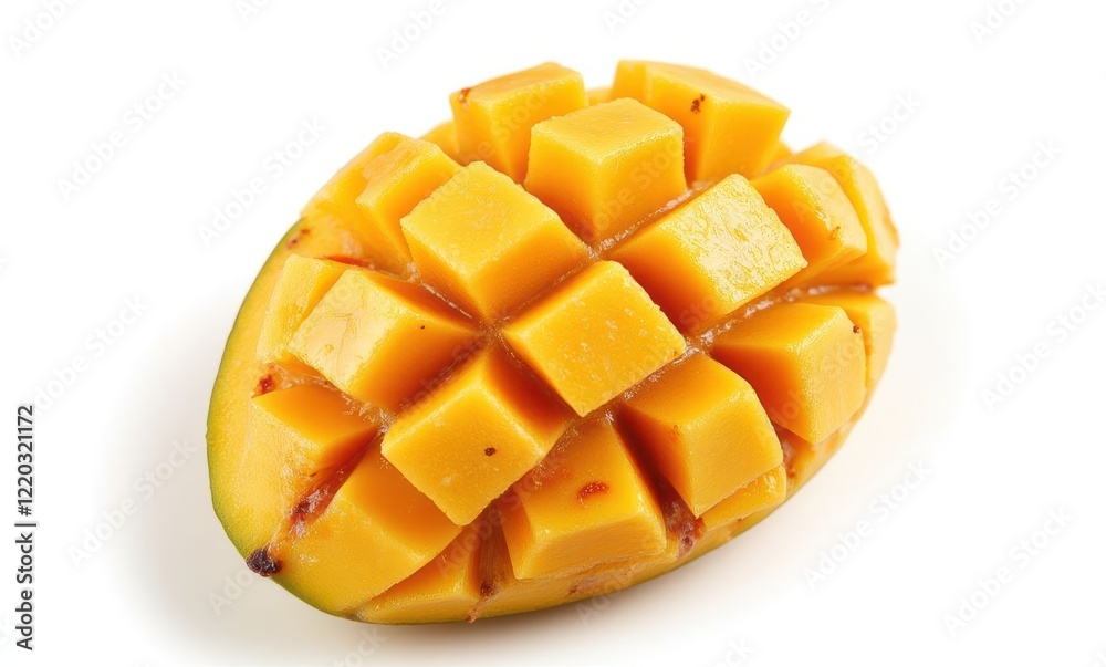 Freshly cut mango with vibrant yellow cubes Freshly cut mango with vibrant yellow cubes