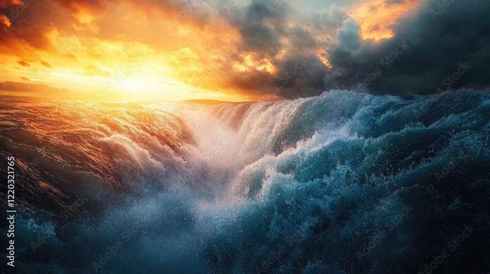 Fototapeta premium Experience the awe-inspiring beauty of Seljalandsfoss, a waterfall in Iceland, captured during sunrise with vibrant clouds and sunlight enhancing the picturesque landscap