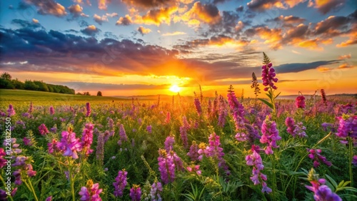 Vetch and wildflowers bloom brilliantly under a golden sunset, a picturesque farmland scene.