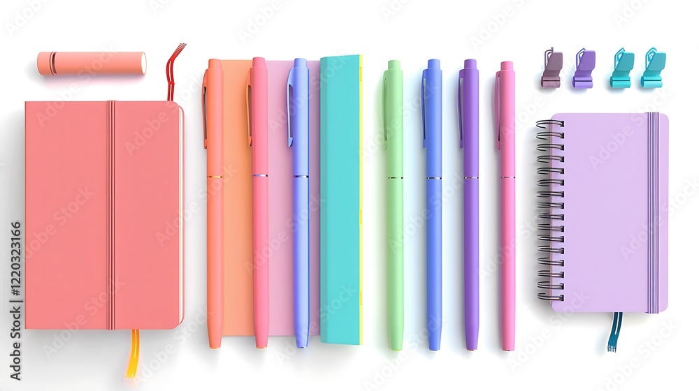 Naklejka premium A colorful set of notebooks and matching pens, displayed neatly on a white background.