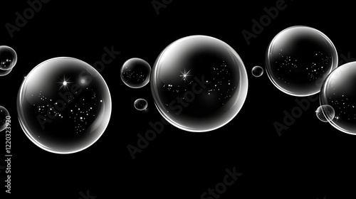 Transparent bubbles float against a black background, creating a mesmerizing visual effect with reflections and highlights.