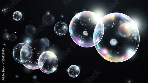 Colorful soap bubbles floating against a dark background, reflecting light and creating a magical atmosphere.