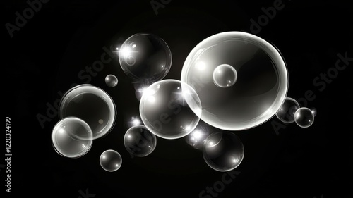 A collection of translucent bubbles floating against a dark background, reflecting light in a captivating display of shapes and sizes.