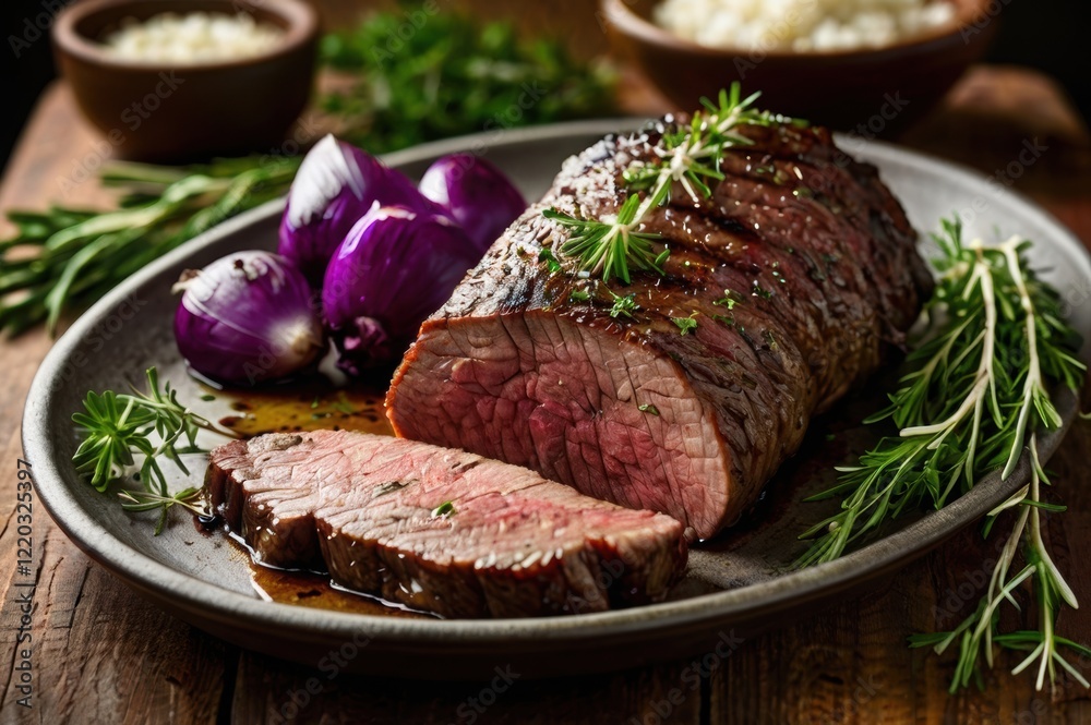 A traditional barbecue venison backstrap roast, sliced and garnished with fresh herbs. A traditional barbecue venison backstrap roast, sliced and garnished with fresh herbs.