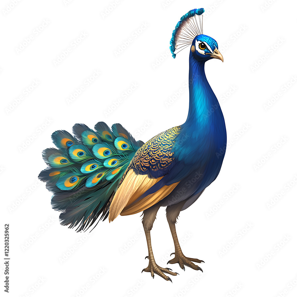 Fototapeta premium Close up photograph of a full body peacock isolated on a solid white background.PNG