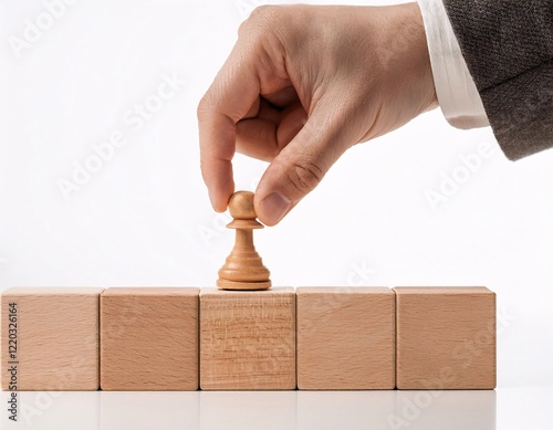Close-Up of Hand Placing Chess Pawn on Wooden Cubes