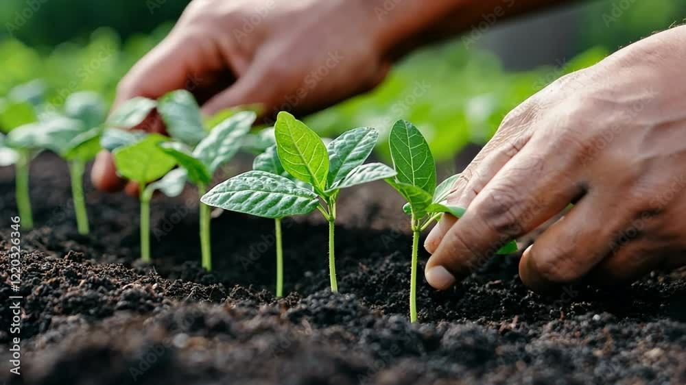 Hands planting young green seedlings in rich soil, representing growth and nurturing. Hands planting young green seedlings in rich soil, representing growth and nurturing.