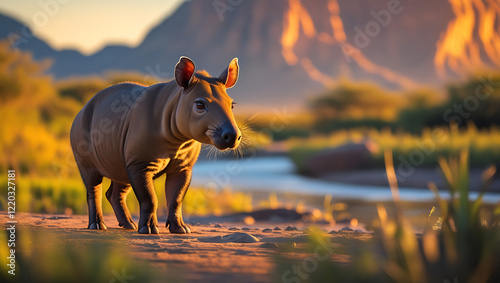  tapir on its habitat, sunset, mountain, river, wildlife photography, Rare Animal, extinct animals