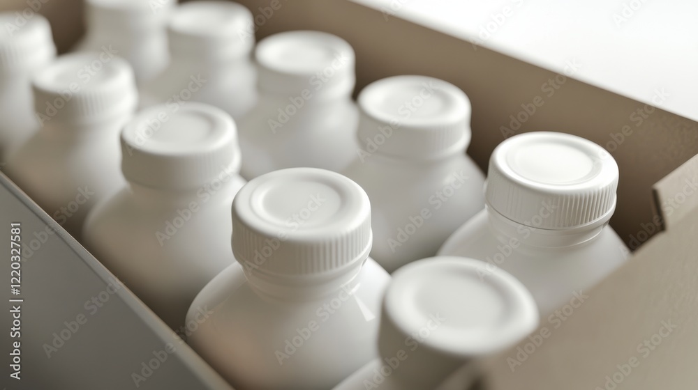 High-Resolution 3D Render of Empty Yogurt Plastic Bottles in Sturdy Box Packaging High-Resolution 3D Render of Empty Yogurt Plastic Bottles in Sturdy Box Packaging