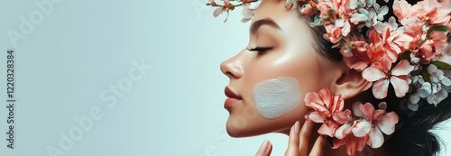 Spa concept with woman creme in face, beauty relaxation concept.