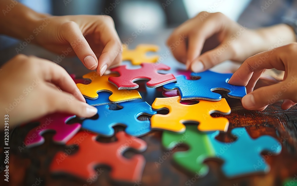 Group of hands fitting colorful jigsaw puzzle pieces together on a table, symbolizing teamwork, collaboration, and collective effort in a bright, creative space Group of hands fitting colorful jigsaw puzzle pieces together on a table, symbolizing teamwork, collaboration, and collective effort in a bright, creative space