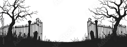 Silhouette of a graveyard gate with dead trees isolated on white background.PNG photo