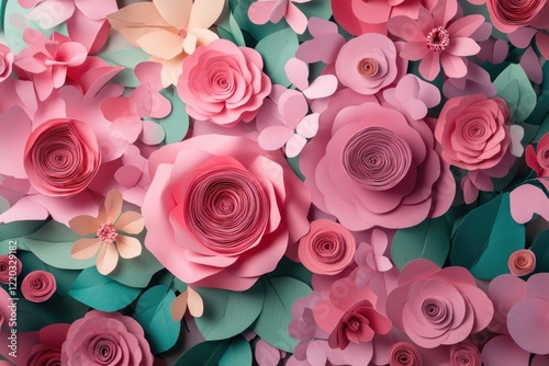 Pink paper flowers with green leaves photo