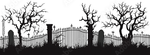 Silhouette of a graveyard gate with dead trees isolated on white background.PNG