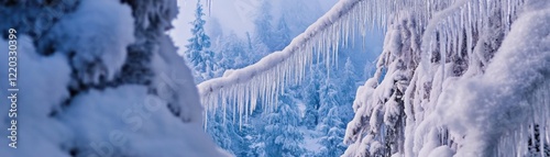 A winter wonderland features icicles and snowdraped trees. photo