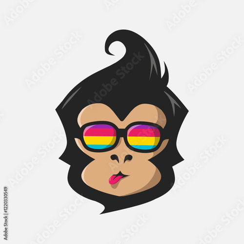 Funny funky monkey graphic art . Pop Art logo. Colorful design with soft background. Abstract vector illustration. Isolated black background for t-shirt, poster, clothing, merch, apparel, badge design photo