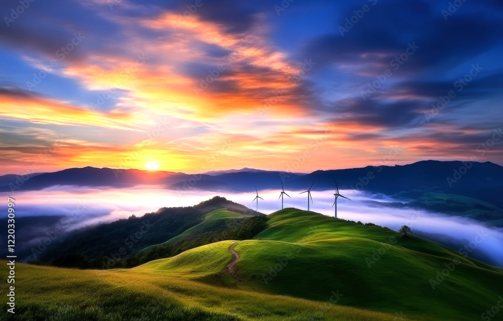 Fototapeta premium A breathtaking sunrise blankets rolling hills and tranquil valleys, with wind turbines majestically positioned against a vibrant sky, symbolizing the harmony between nature and renewable energy.