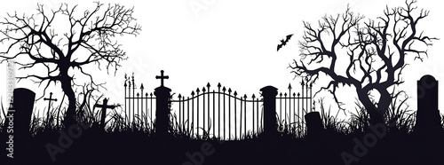 Silhouette of a graveyard gate with dead trees isolated on white background.PNG