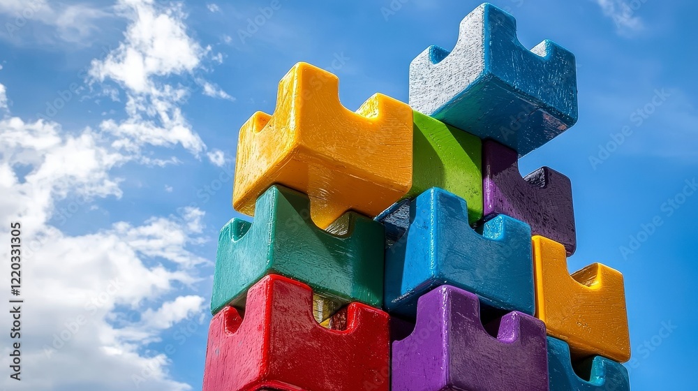 Naklejka premium Colorful Building Blocks Stacked Against a Blue Sky Background