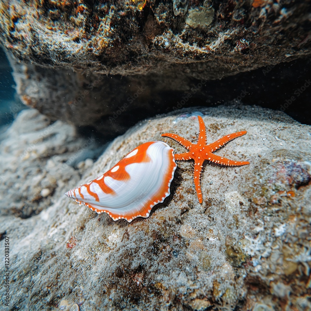 Underwater Seashell and Starfish on Ocean Rock Underwater Seashell and Starfish on Ocean Rock
