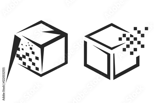 abstract logo of a cube that appears to dissolve into pixels