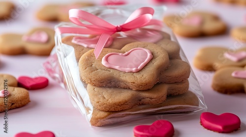 Valentine cookies packaged in a clear bag tied with a pink ribbon photo