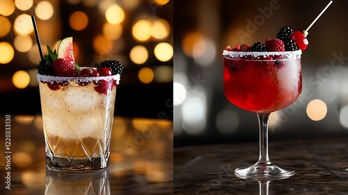 Valentine-themed cocktails garnished with fresh berries and sugar rims