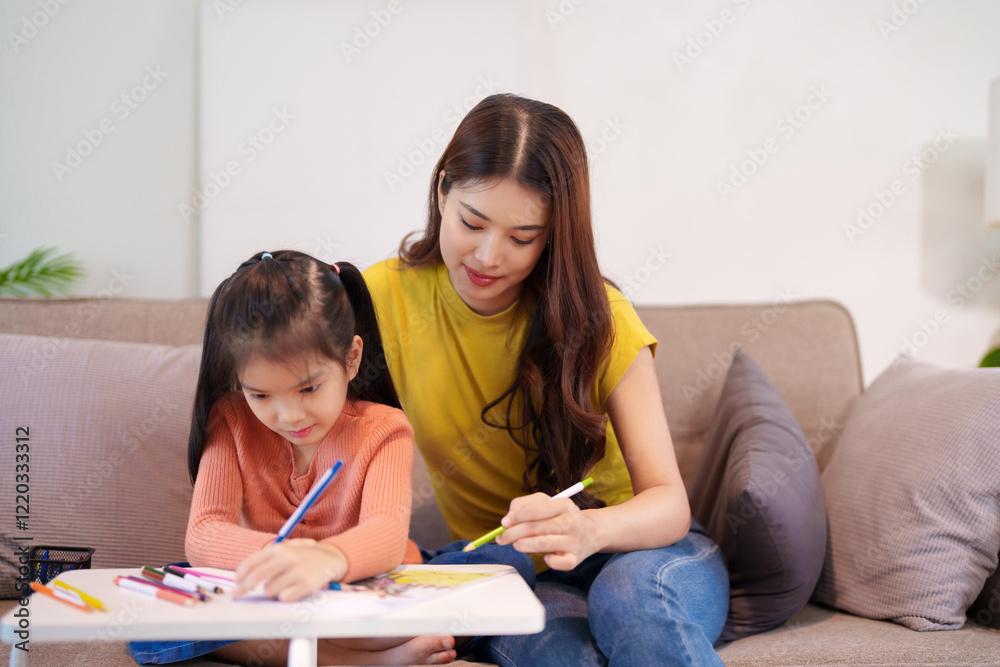 A mother assisting her daughter with homework at the table, surrounded by books and stationery, fostering learning and support. A mother assisting her daughter with homework at the table, surrounded by books and stationery, fostering learning and support.