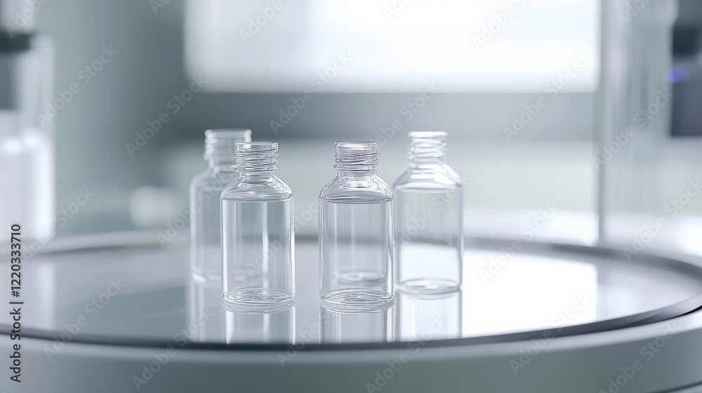 Clear glass vials filled with liquid on a rotating platform in a laboratory setting
