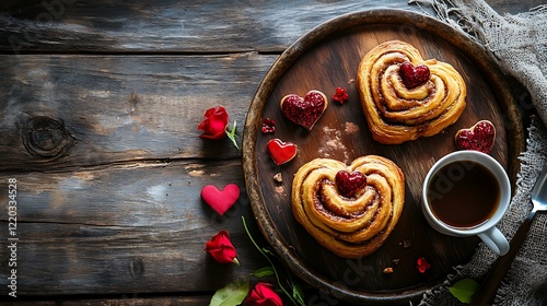 Heart-shaped cinnamon rolls freshly baked on a tray for Valentineâ€™s breakfast