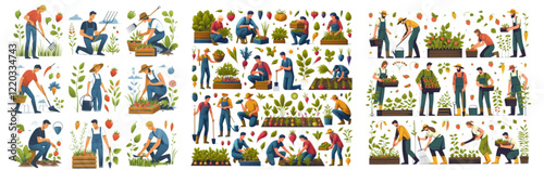 Harvesting and gardening people doing farming and garden job, pick berries, remove weeds, watering, planting, modern cartoon flat style