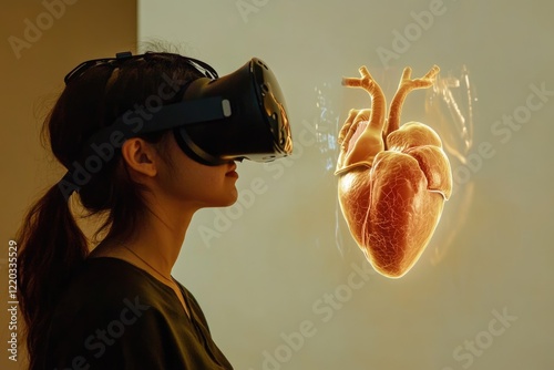 A woman wearing a VR headset experiences a 3D model of a human heart, exploring its anatomy and function.